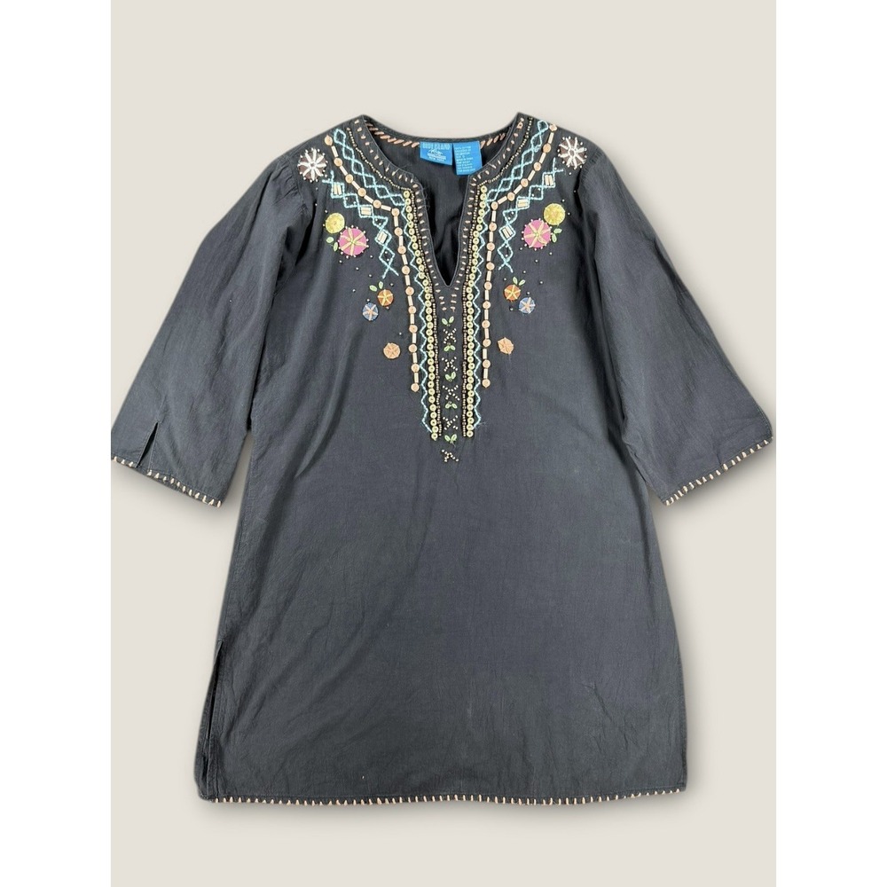 Blue Island New York Small Black Cotton Beaded Embroidered Tunic Caftan Dress